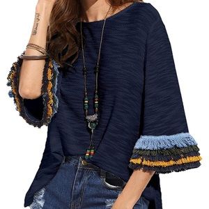 Thin Knit Fringe Sleeve Top